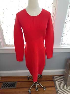 Milly Red Ribbed Knit Long Sleeve Dress Size L